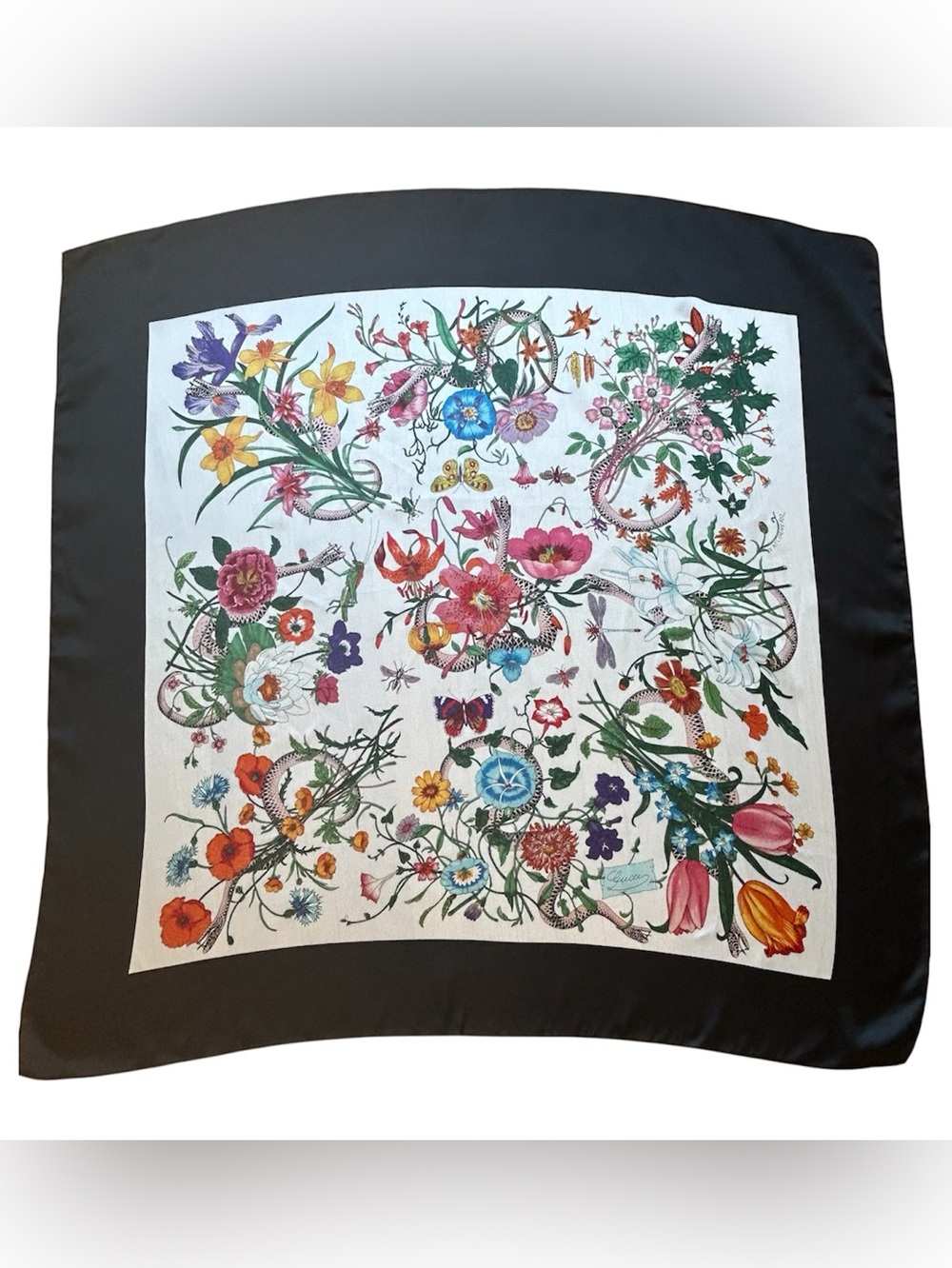 GUCCI  Flora Snake Print Silk Twill Scarf Vittorio Accornero 35” Black & Floral